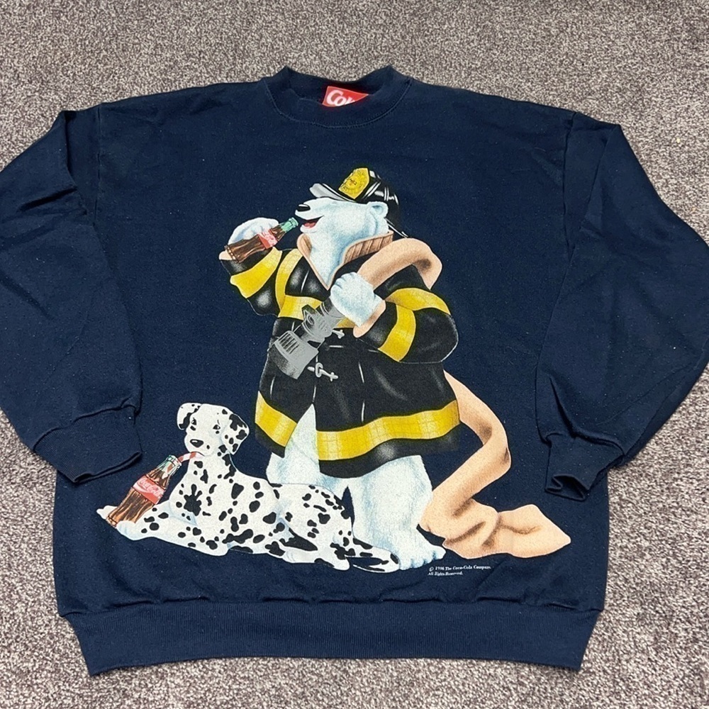 VTG 90s Coca Cola Mens Blue Dalmation Polar Bear Holiday Christmas Crewneck